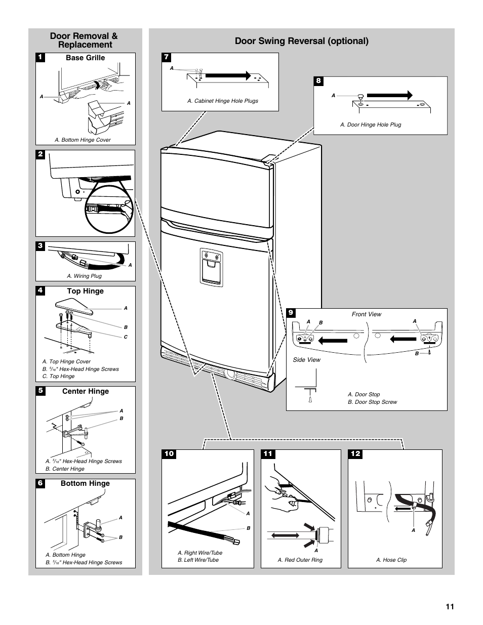 Door swing reversal (optional), Door removal & replacement | Whirlpool 2302309 User Manual | Page 11 / 60