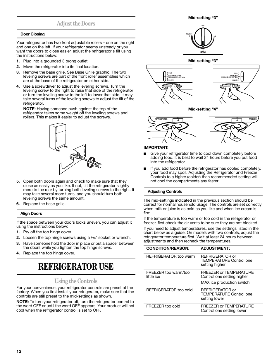 Refrigerator use, Adjust the doors, Using the controls | Whirlpool 2302309 User Manual | Page 12 / 60