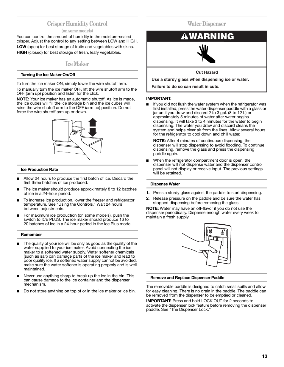 Warning, Crisper humidity control, Ice maker | Water dispenser | Whirlpool 2302309 User Manual | Page 13 / 60