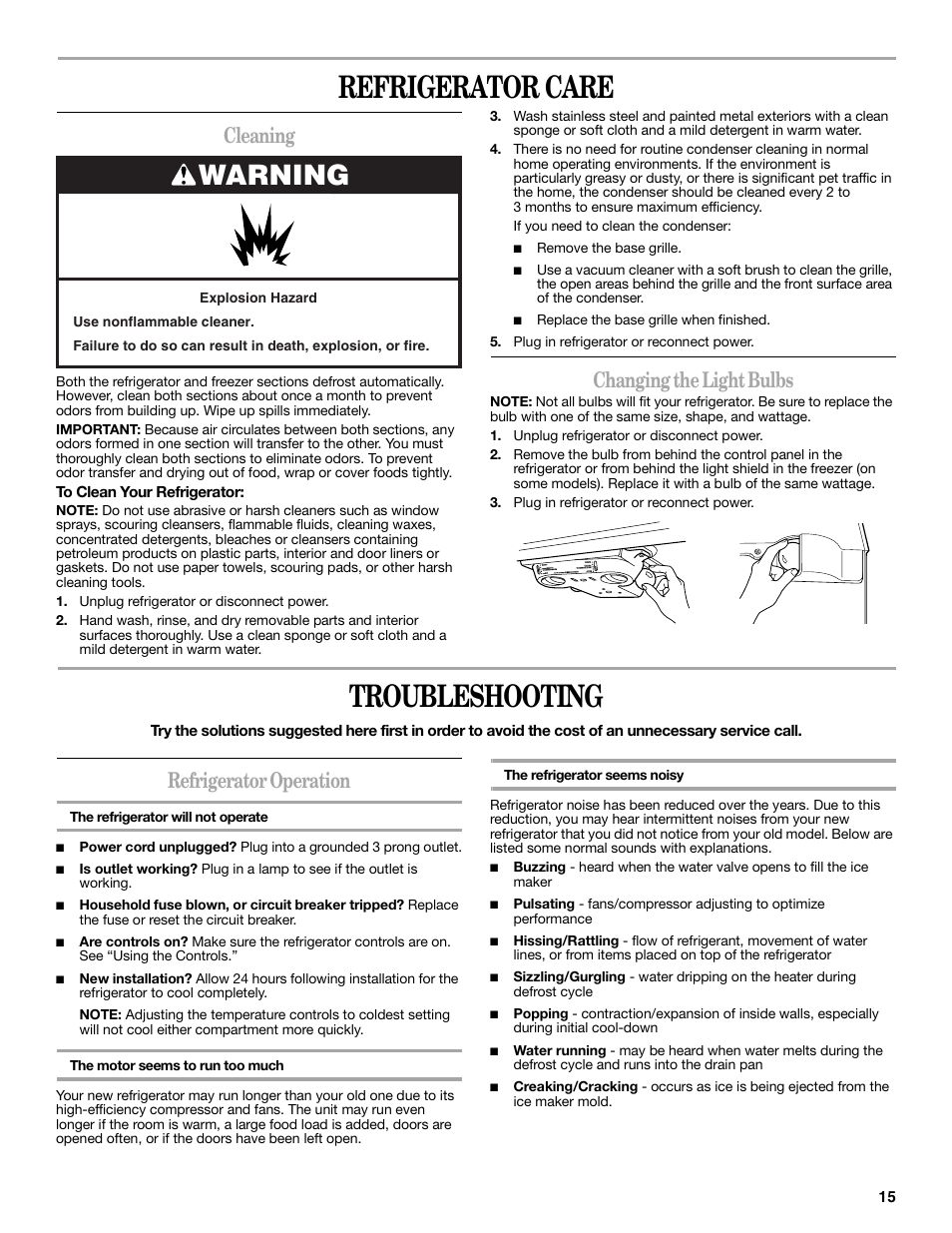 Refrigerator care, Troubleshooting, Warning | Cleaning, Changing the light bulbs, Refrigerator operation | Whirlpool 2302309 User Manual | Page 15 / 60