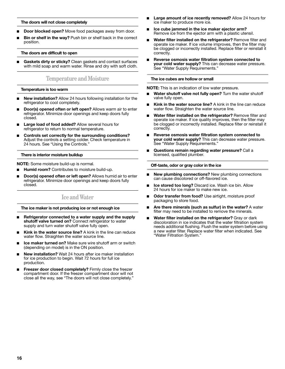 Temperature and moisture, Ice and water | Whirlpool 2302309 User Manual | Page 16 / 60