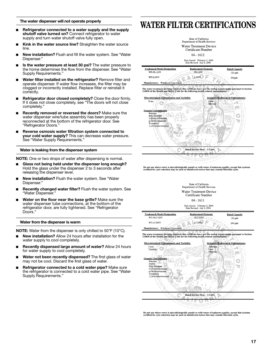 Water filter certifications | Whirlpool 2302309 User Manual | Page 17 / 60