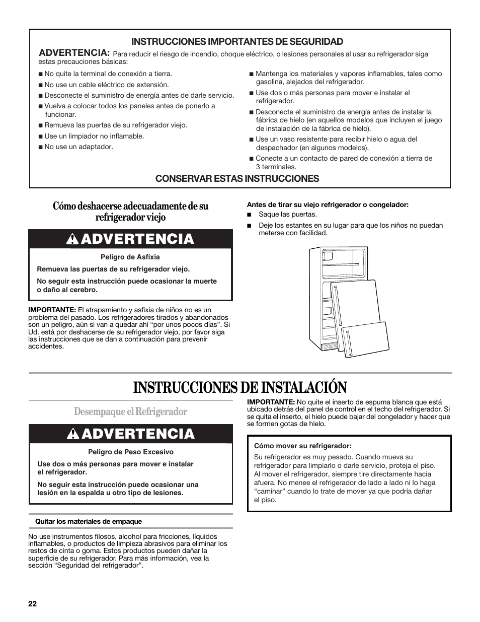 Instrucciones de instalación, Advertencia, Desempaque el refrigerador | Whirlpool 2302309 User Manual | Page 22 / 60