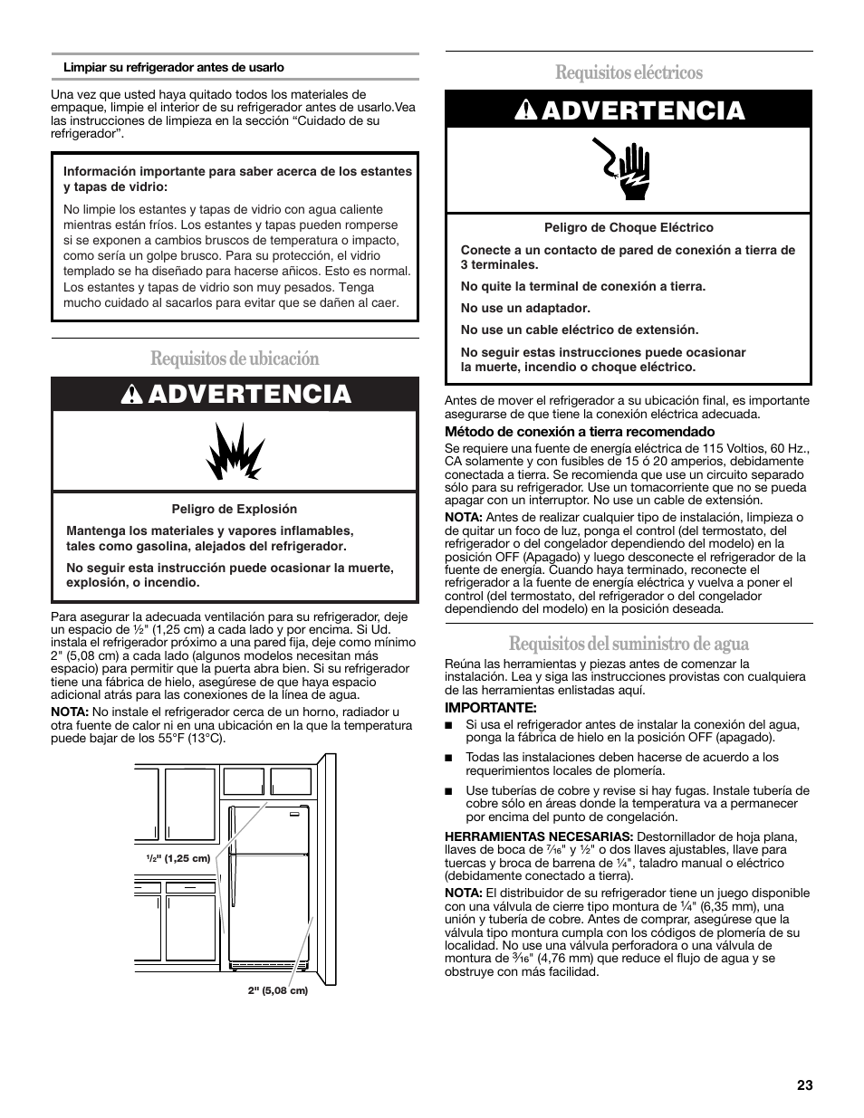 Advertencia, Requisitos de ubicación, Requisitos eléctricos | Requisitos del suministro de agua | Whirlpool 2302309 User Manual | Page 23 / 60