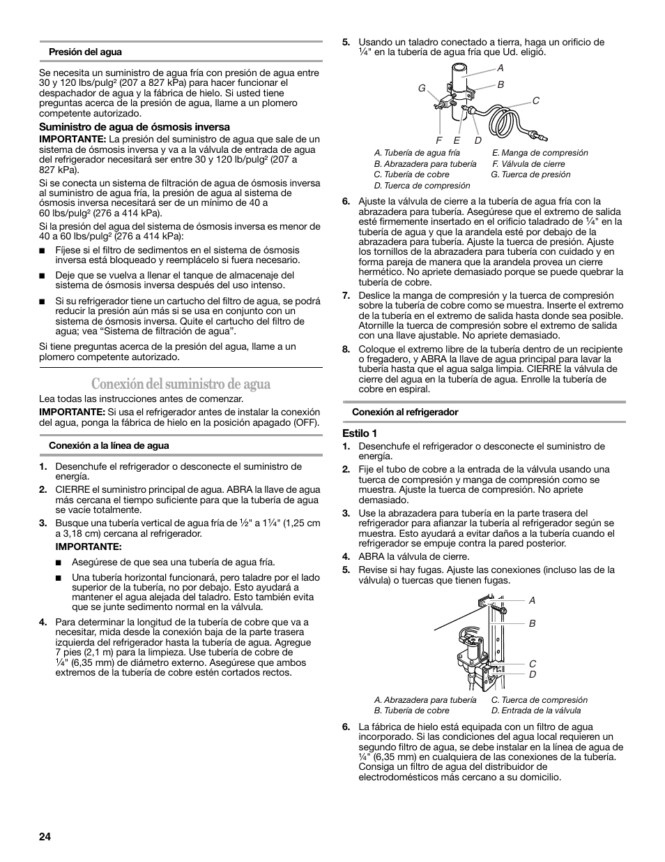 Conexión del suministro de agua | Whirlpool 2302309 User Manual | Page 24 / 60