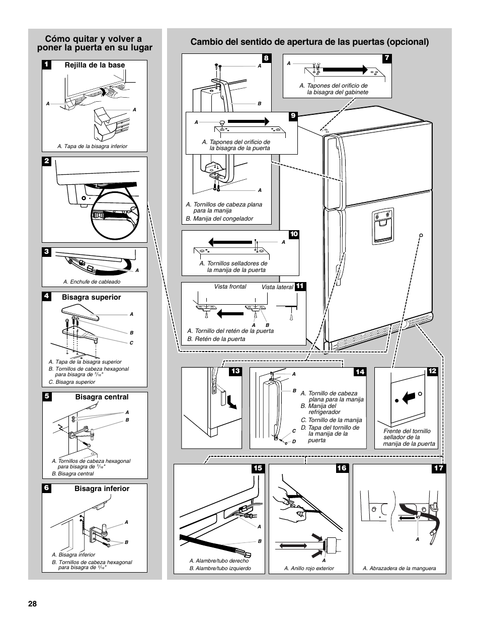 Cómo quitar y volver a poner la puerta en su lugar | Whirlpool 2302309 User Manual | Page 28 / 60