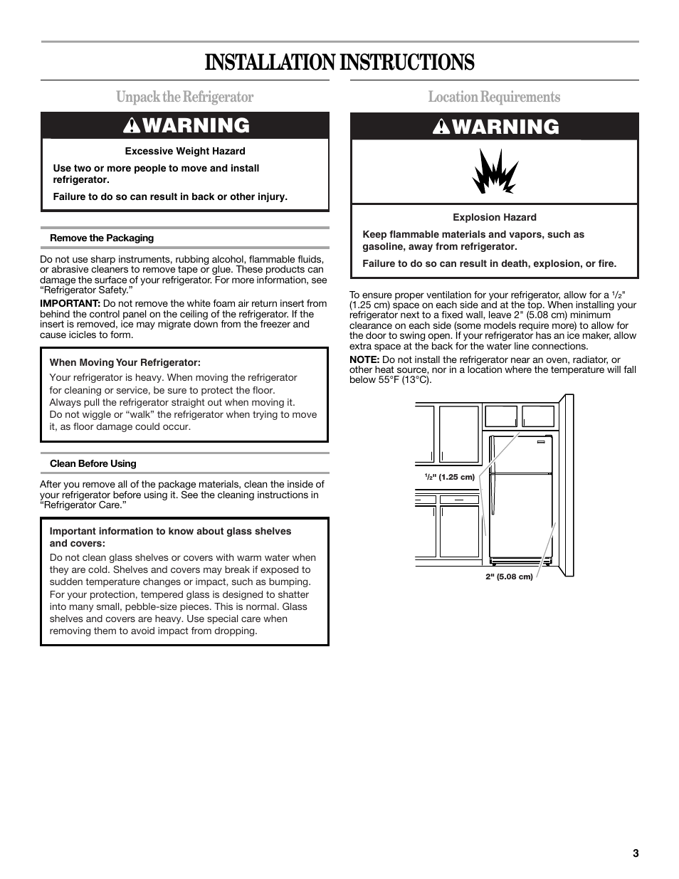 Installation instructions, Warning, Unpack the refrigerator | Location requirements | Whirlpool 2302309 User Manual | Page 3 / 60