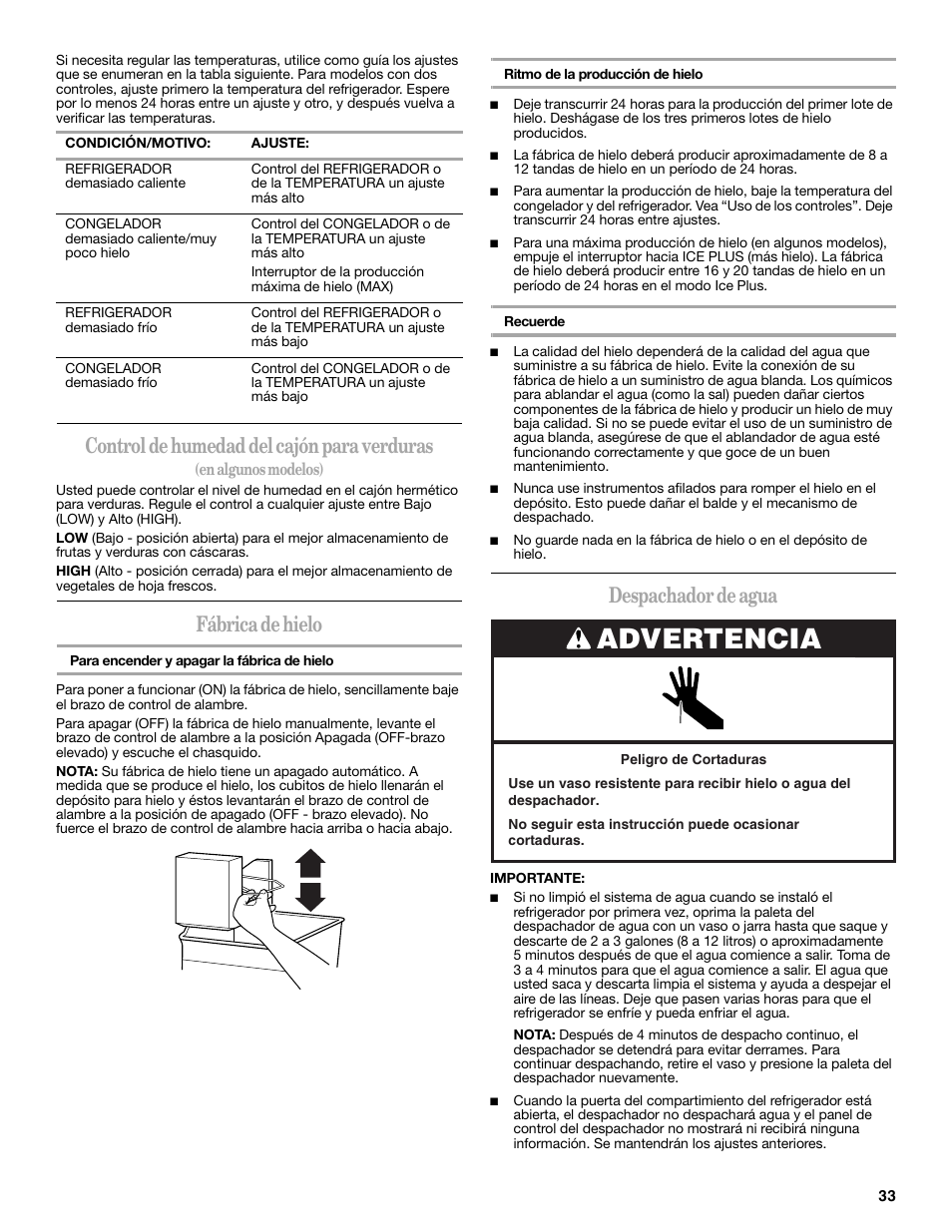 Advertencia, Control de humedad del cajón para verduras, Fábrica de hielo | Despachador de agua | Whirlpool 2302309 User Manual | Page 33 / 60