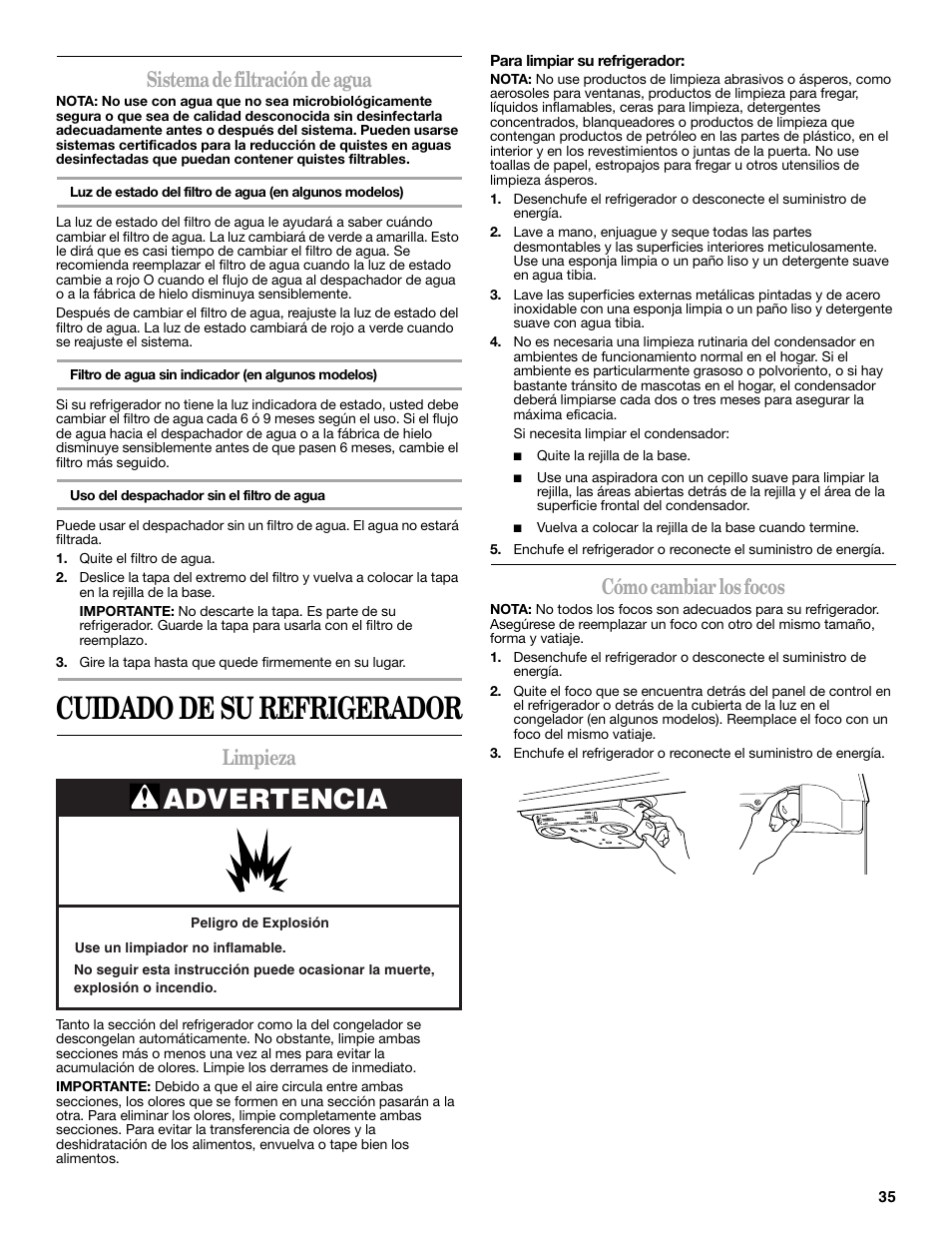 Cuidado de su refrigerador, Advertencia, Sistema de filtración de agua | Limpieza, Cómo cambiar los focos | Whirlpool 2302309 User Manual | Page 35 / 60