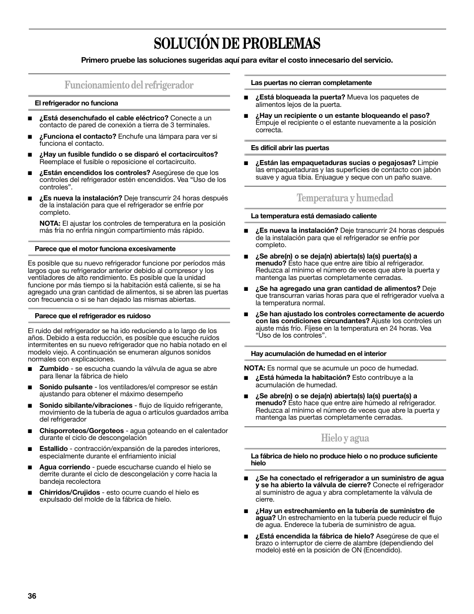 Solución de problemas, Funcionamiento del refrigerador, Temperatura y humedad | Hielo y agua | Whirlpool 2302309 User Manual | Page 36 / 60