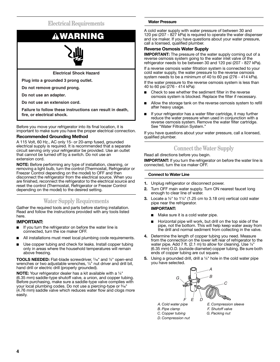 Warning, Electrical requirements, Water supply requirements | Connect the water supply | Whirlpool 2302309 User Manual | Page 4 / 60