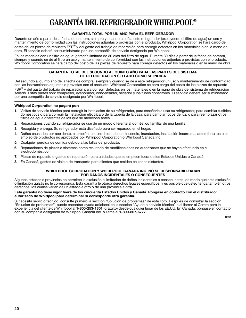 Garantía del refrigerador whirlpool | Whirlpool 2302309 User Manual | Page 40 / 60