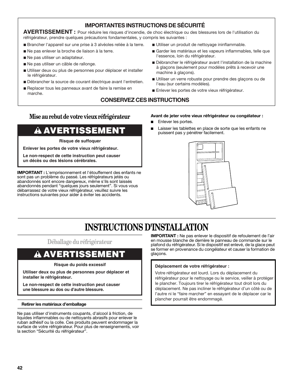 Instructions d'installation, Déballage du réfrigérateur, Mise au rebut de votre vieux réfrigérateur | Avertissement | Whirlpool 2302309 User Manual | Page 42 / 60