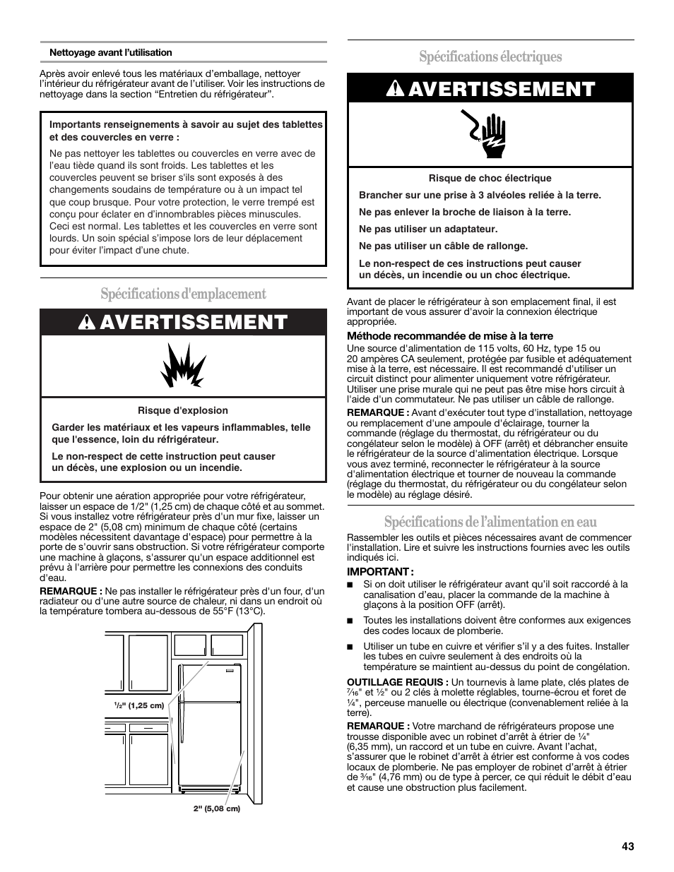 Avertissement, Spécifications d'emplacement, Spécifications électriques | Spécifications de l’alimentation en eau | Whirlpool 2302309 User Manual | Page 43 / 60