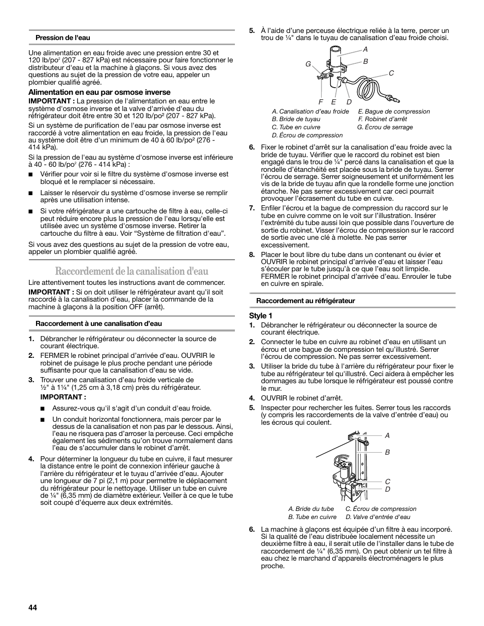 Raccordement de la canalisation d'eau | Whirlpool 2302309 User Manual | Page 44 / 60