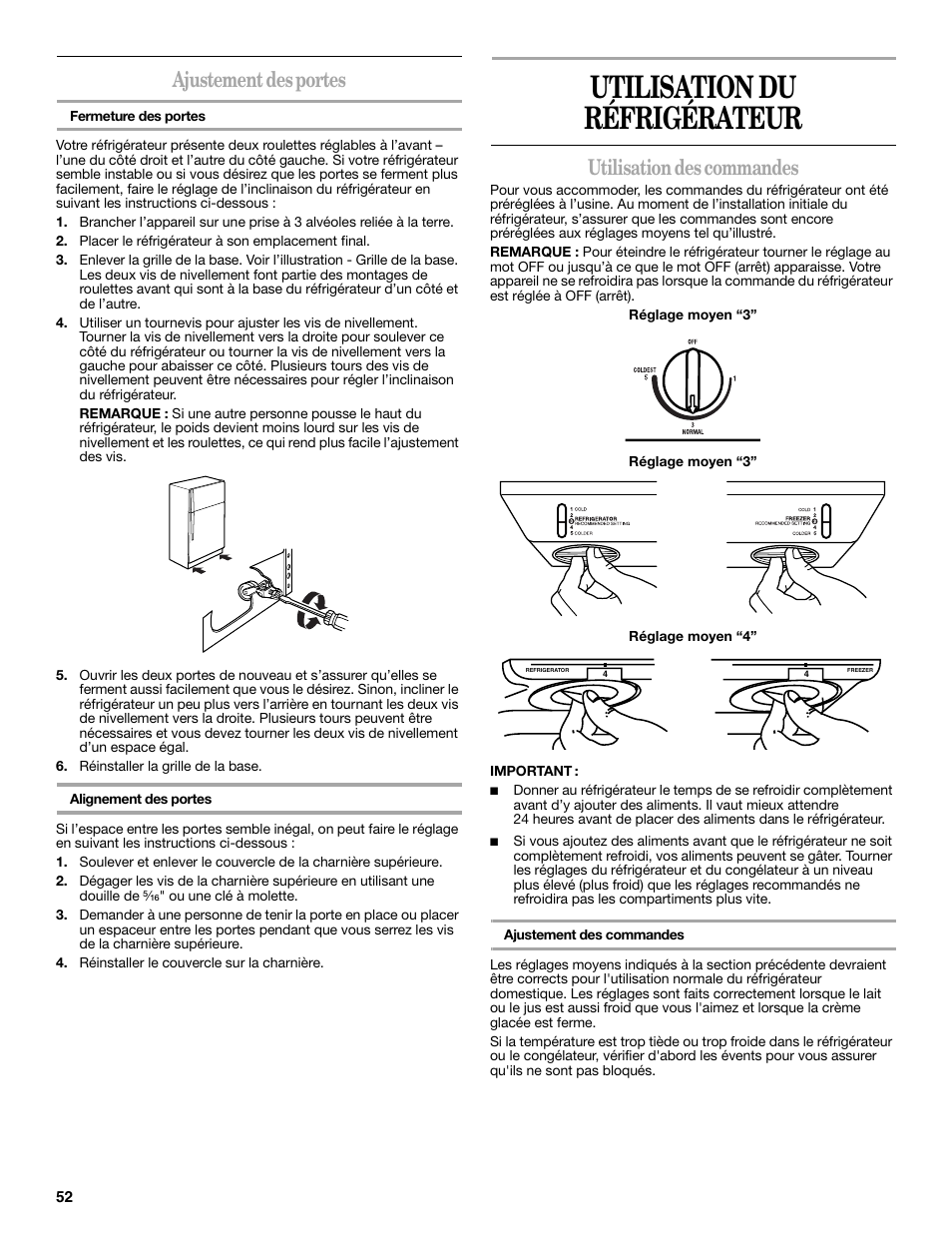 Utilisation du réfrigérateur, Ajustement des portes, Utilisation des commandes | Whirlpool 2302309 User Manual | Page 52 / 60