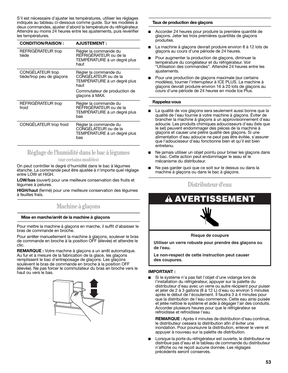 Avertissement, Réglage de l'humidité dans le bac à légumes, Machine à glaçons | Distributeur d'eau | Whirlpool 2302309 User Manual | Page 53 / 60