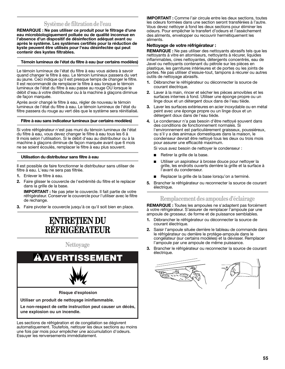 Entretien du réfrigérateur, Avertissement, Système de filtration de l'eau | Nettoyage, Remplacement des ampoules d’éclairage | Whirlpool 2302309 User Manual | Page 55 / 60