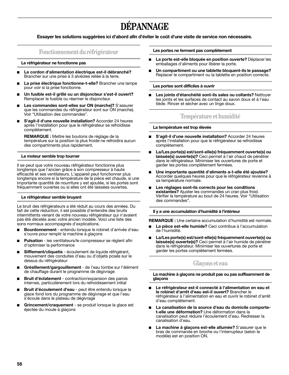 Dépannage, Fonctionnement du réfrigérateur, Température et humidité | Glaçons et eau | Whirlpool 2302309 User Manual | Page 56 / 60