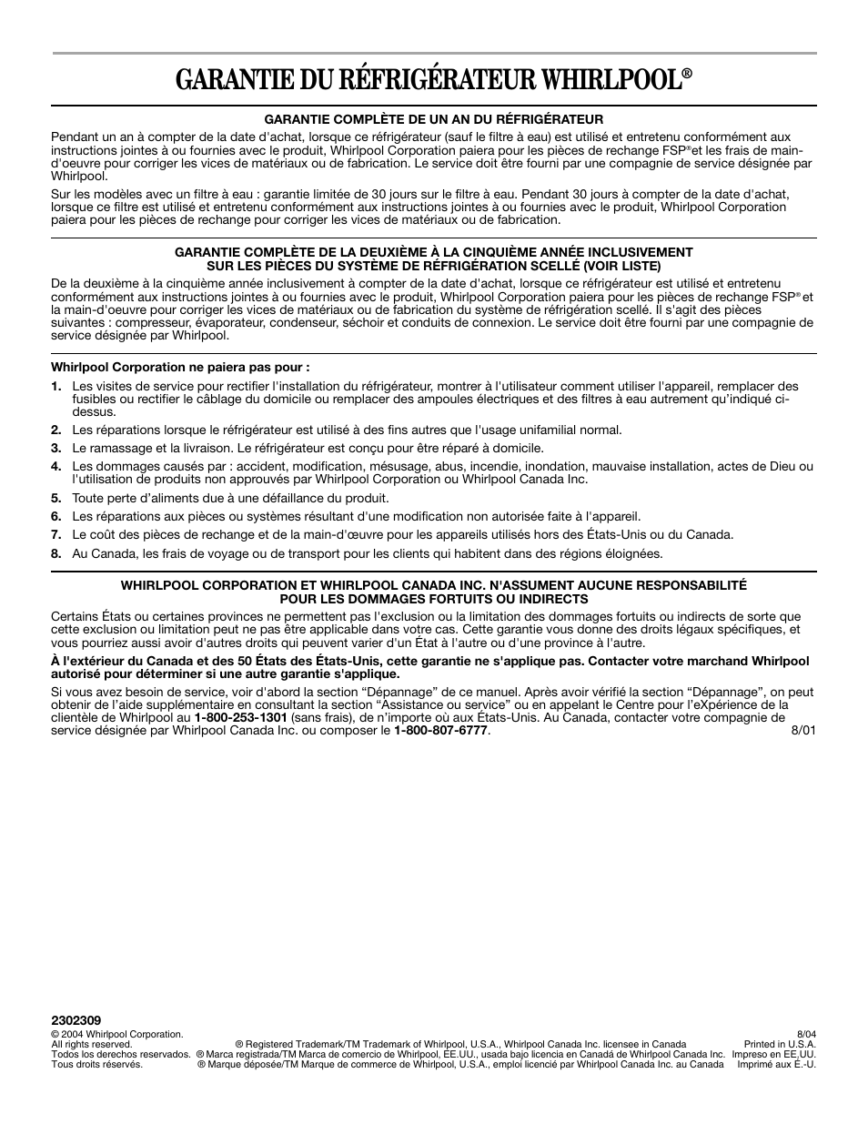 Garantie du réfrigérateur whirlpool | Whirlpool 2302309 User Manual | Page 60 / 60