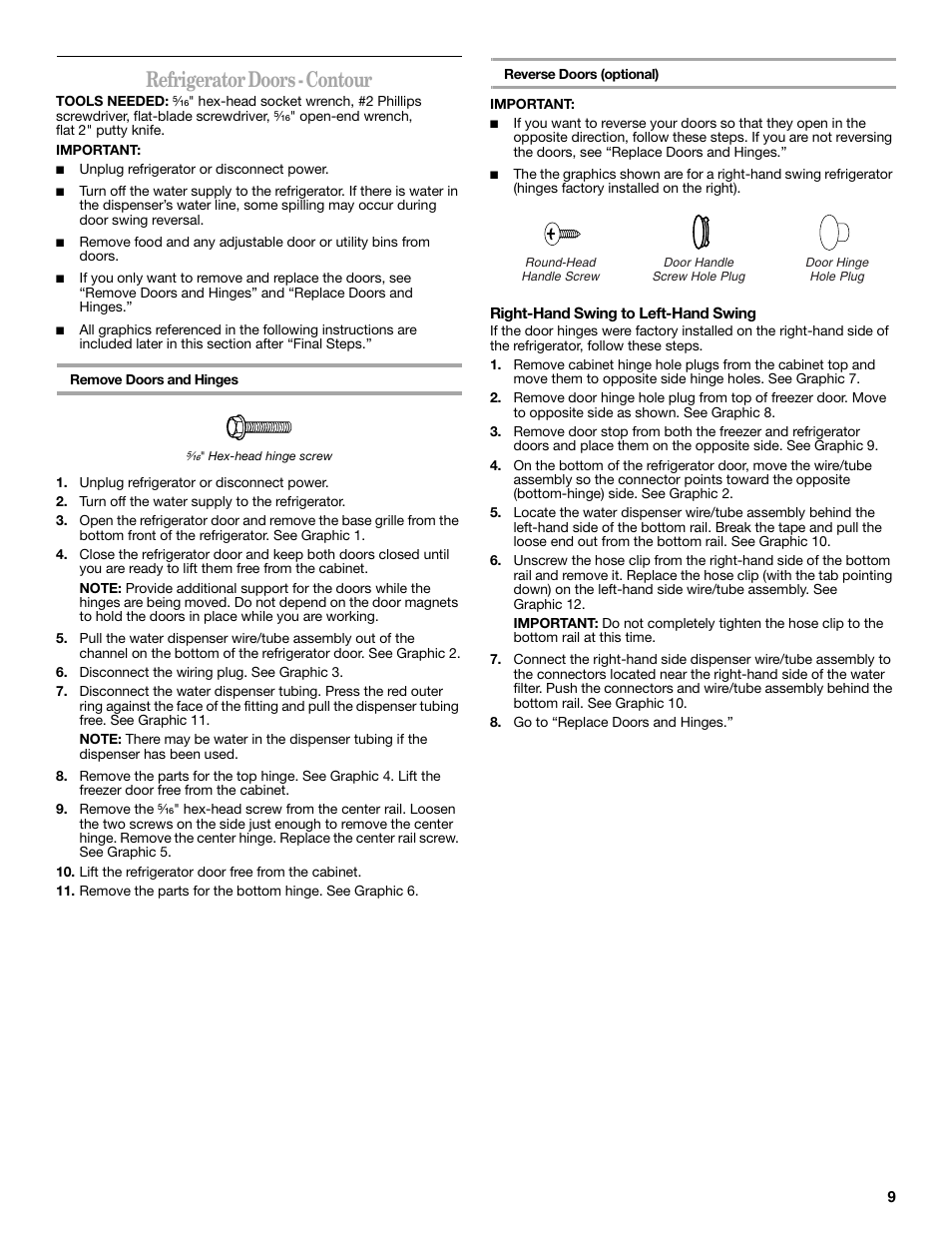 Refrigerator doors - contour | Whirlpool 2302309 User Manual | Page 9 / 60