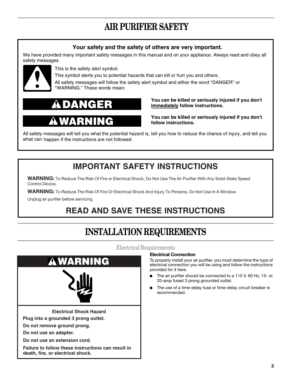 Air purifier safety, Installation requirements, Warning | Electrical requirements | Whirlpool 1188694 User Manual | Page 3 / 12