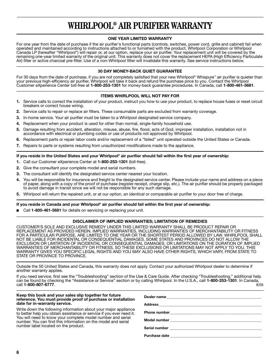 Whirlpool, Air purifier warranty | Whirlpool 1188694 User Manual | Page 6 / 12