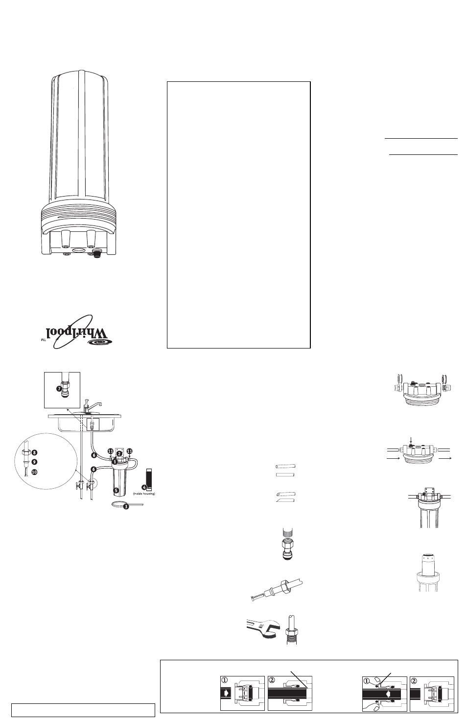 Model whcf-duf, Under sink main f a ucet fil tra tion, Installation,use & care guide | Using push-in fittings, Parts and material included, Tools and parts needed, Installation requirements, Filter replacement, Filter cartridg e replacement instructions, T roub leshooting guide | Whirlpool WHCF-DUF User Manual | Page 2 / 4