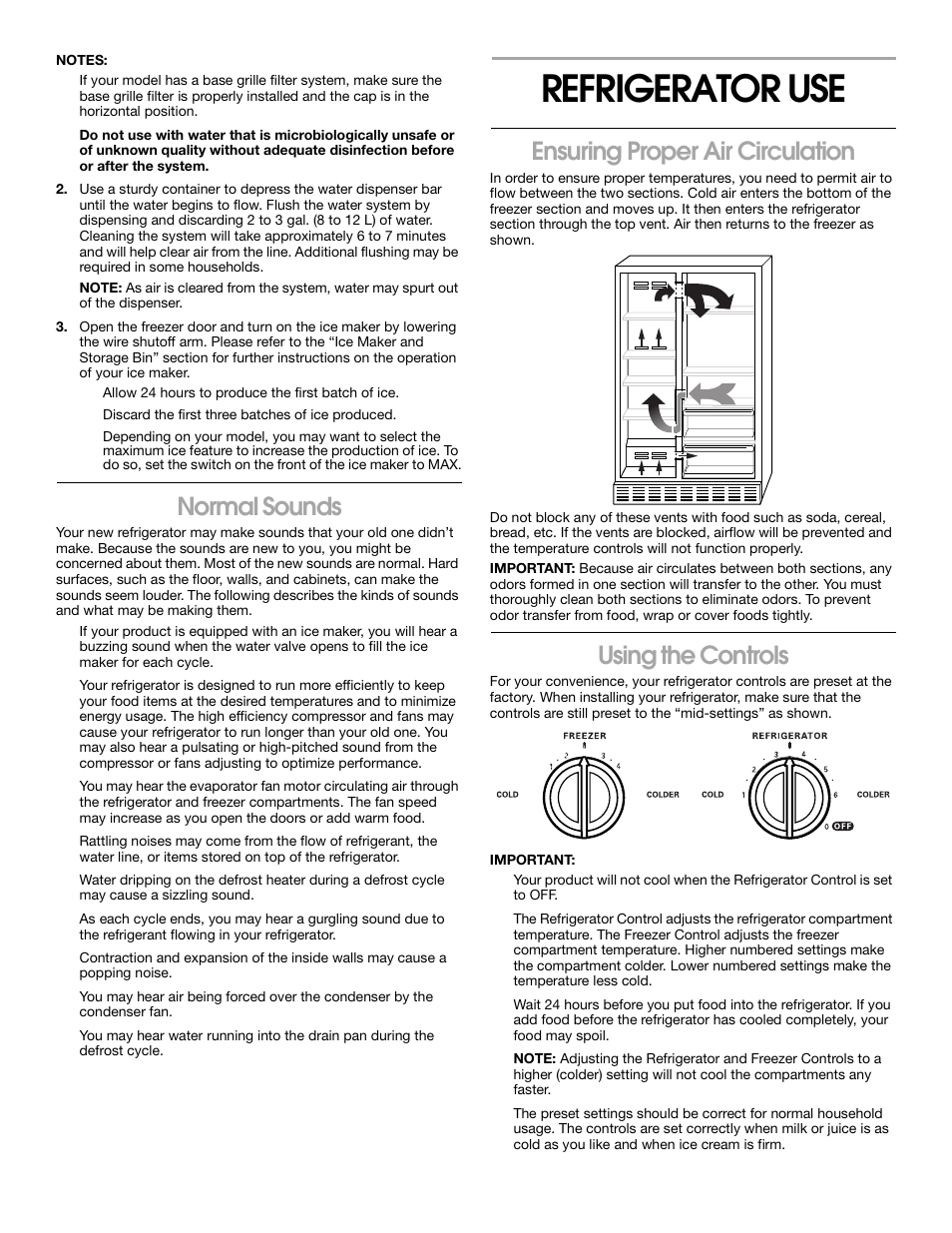 Refrigerator use, Normal sounds, Ensuring proper air circulation | Using the controls | Whirlpool 2188766 User Manual | Page 10 / 24