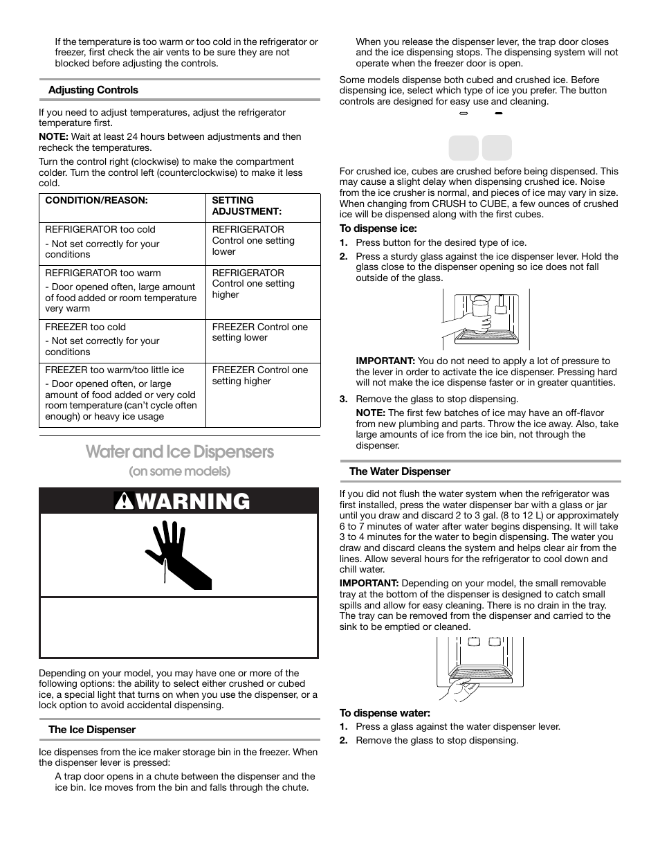 Warning, Water and ice dispensers, On some models) | Whirlpool 2188766 User Manual | Page 11 / 24