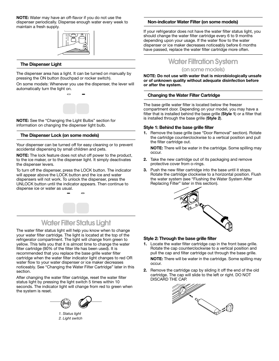 Water filter status light, Water filtration system, On some models) | Whirlpool 2188766 User Manual | Page 12 / 24