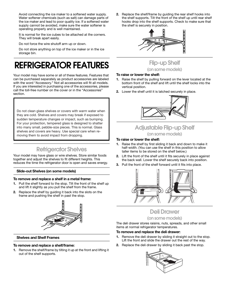 Refrigerator features, Refrigerator shelves, Flip-up shelf | Adjustable flip-up shelf, Deli drawer | Whirlpool 2188766 User Manual | Page 14 / 24