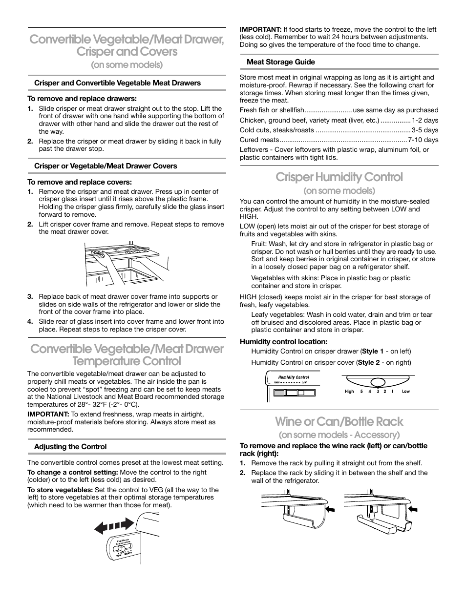 Crisper humidity control, Wine or can/bottle rack | Whirlpool 2188766 User Manual | Page 15 / 24