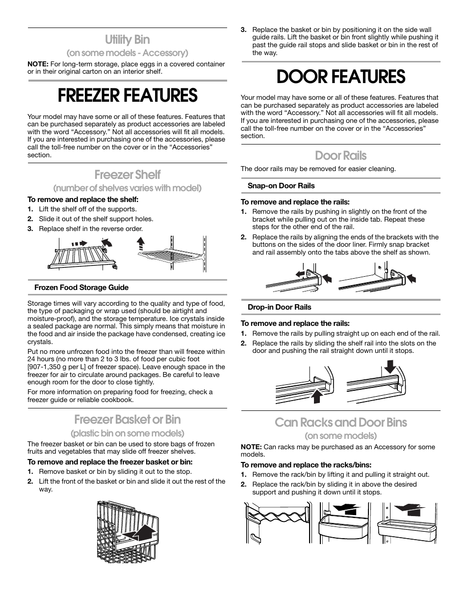 Freezer features, Door features, Utility bin | Freezer shelf, Freezer basket or bin, Door rails, Can racks and door bins | Whirlpool 2188766 User Manual | Page 16 / 24