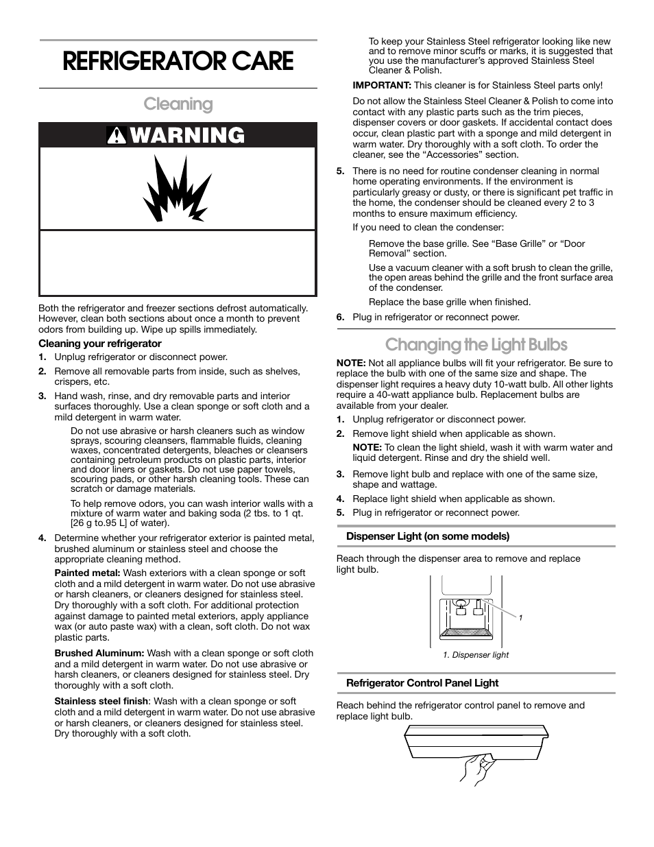 Refrigerator care, Cleaning, Changing the light bulbs | Whirlpool 2188766 User Manual | Page 17 / 24