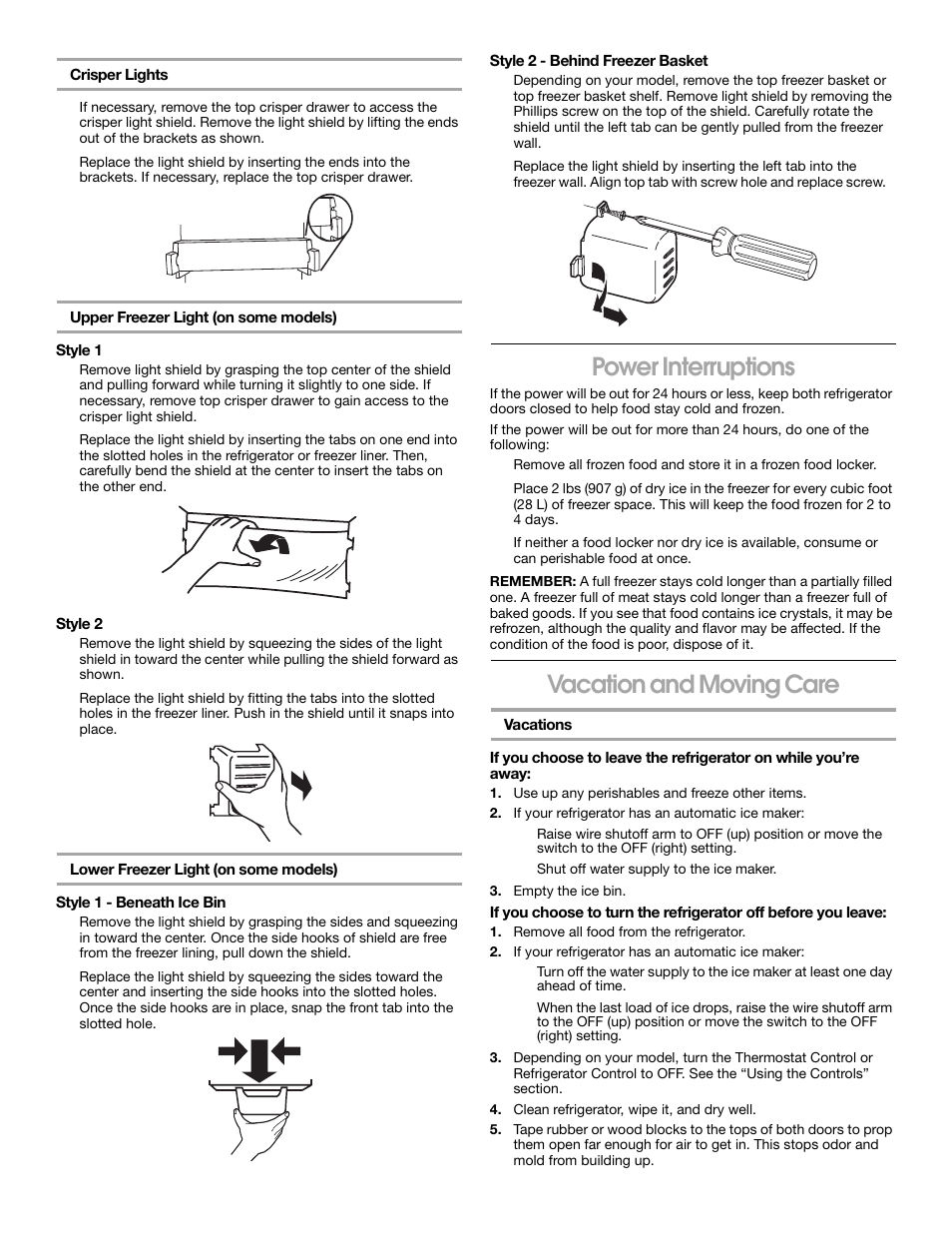 Power interruptions, Vacation and moving care | Whirlpool 2188766 User Manual | Page 18 / 24