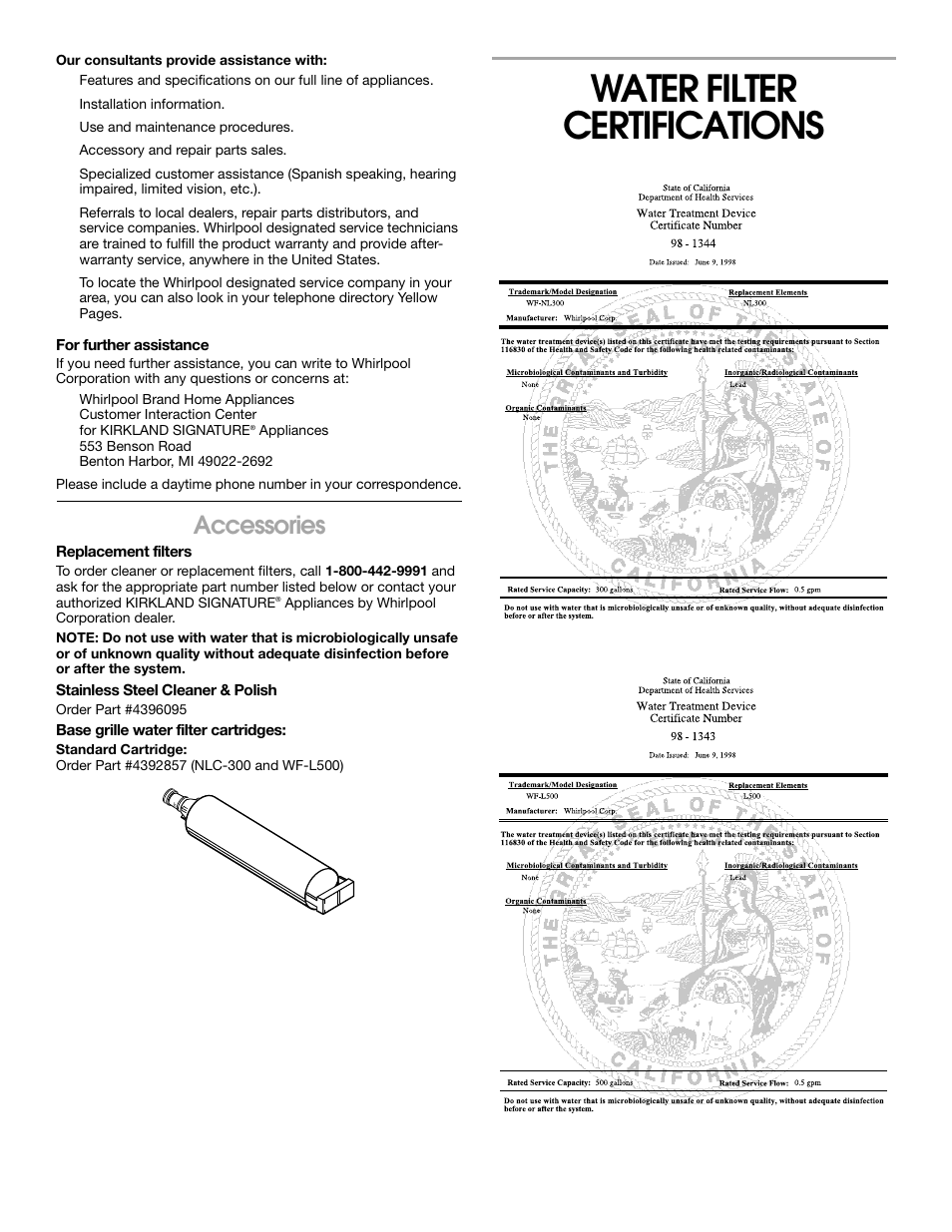 Water filter certifications, Accessories | Whirlpool 2188766 User Manual | Page 22 / 24