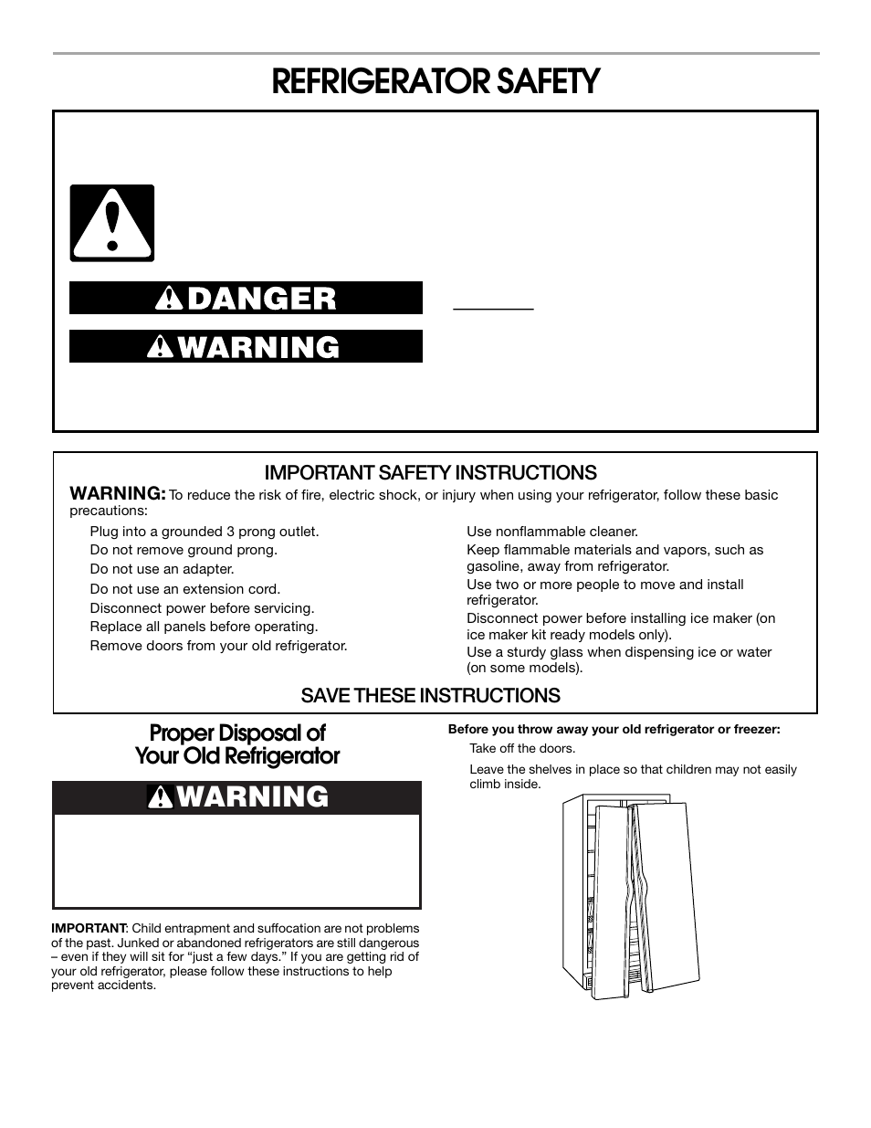 Refrigerator safety, Proper disposal of your old refrigerator, Important safety instructions | Save these instructions, Warning | Whirlpool 2188766 User Manual | Page 3 / 24