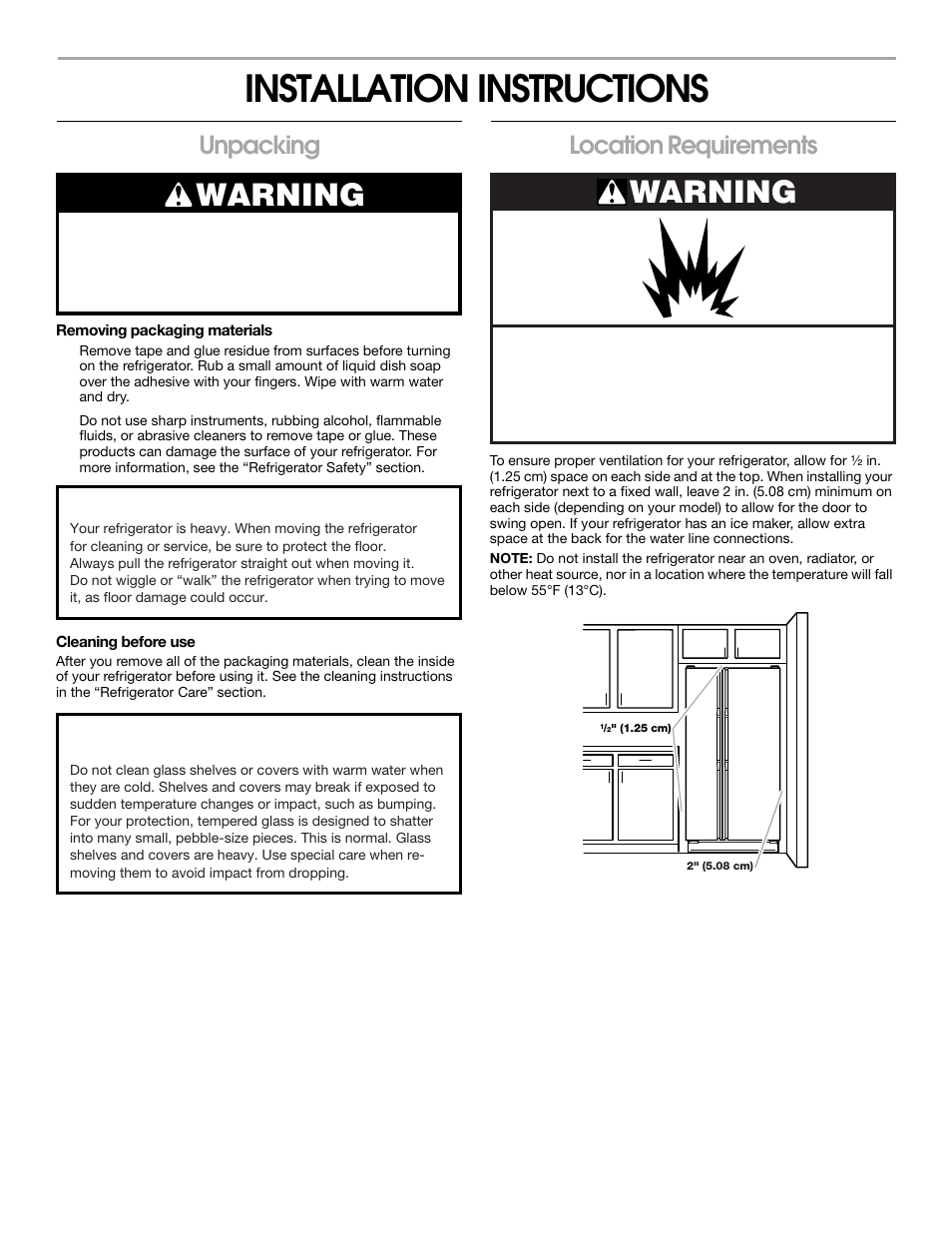 Installation instructions, Warning, Unpacking | Location requirements | Whirlpool 2188766 User Manual | Page 4 / 24