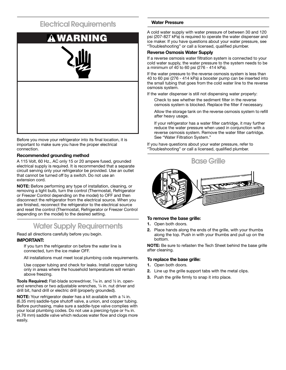 Warning, Electrical requirements, Water supply requirements | Base grille | Whirlpool 2188766 User Manual | Page 5 / 24