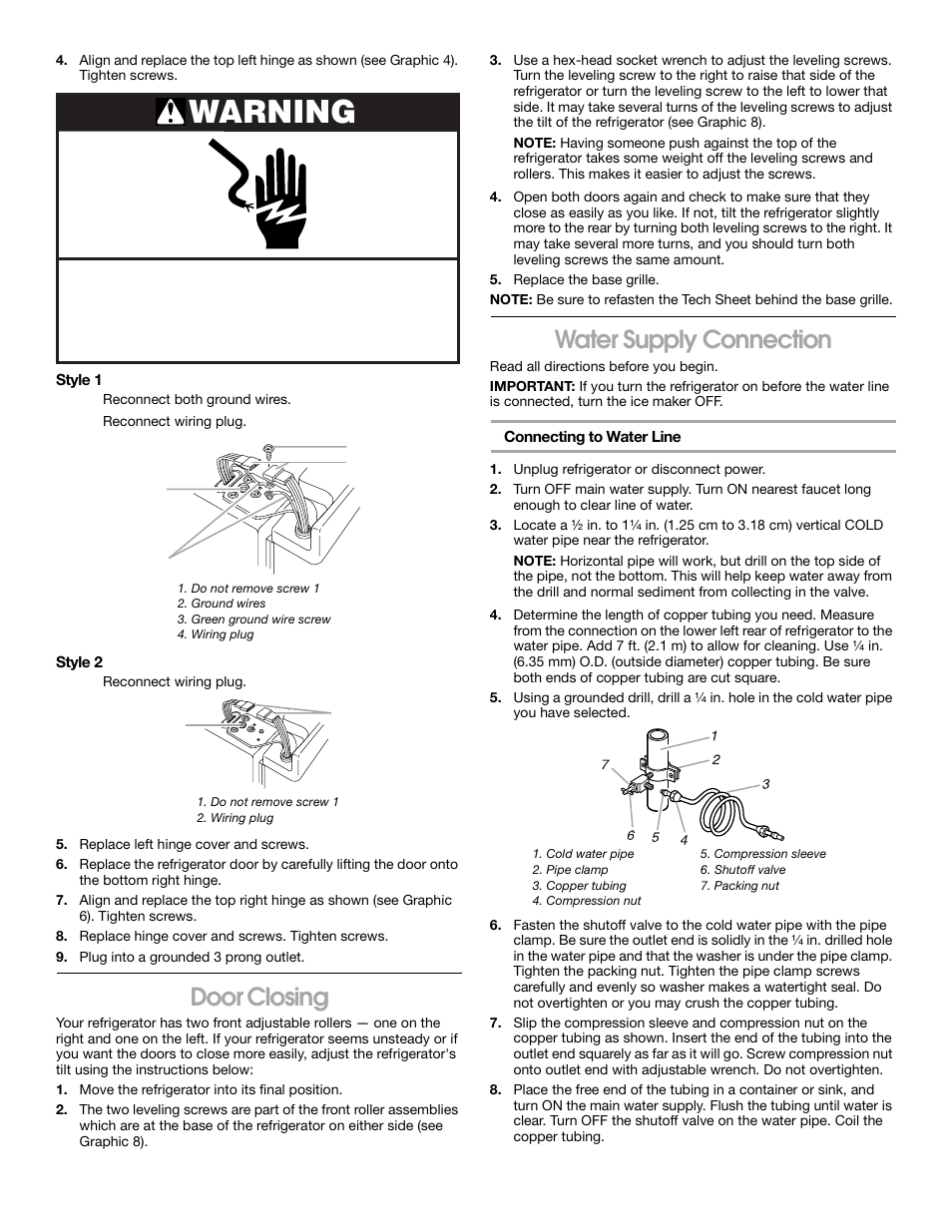 Warning, Door closing, Water supply connection | Whirlpool 2188766 User Manual | Page 8 / 24