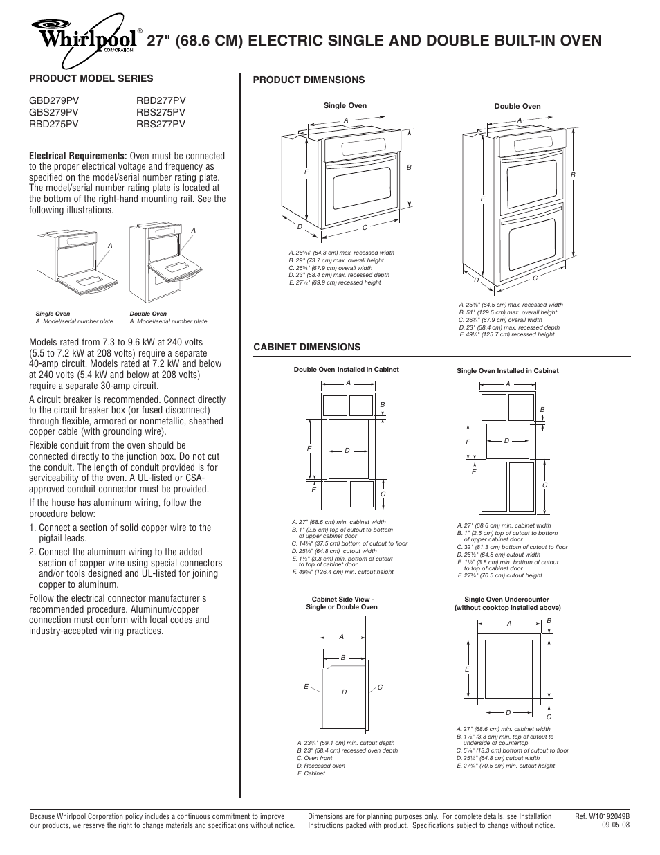 Whirlpool GBD279PV User Manual | 1 page