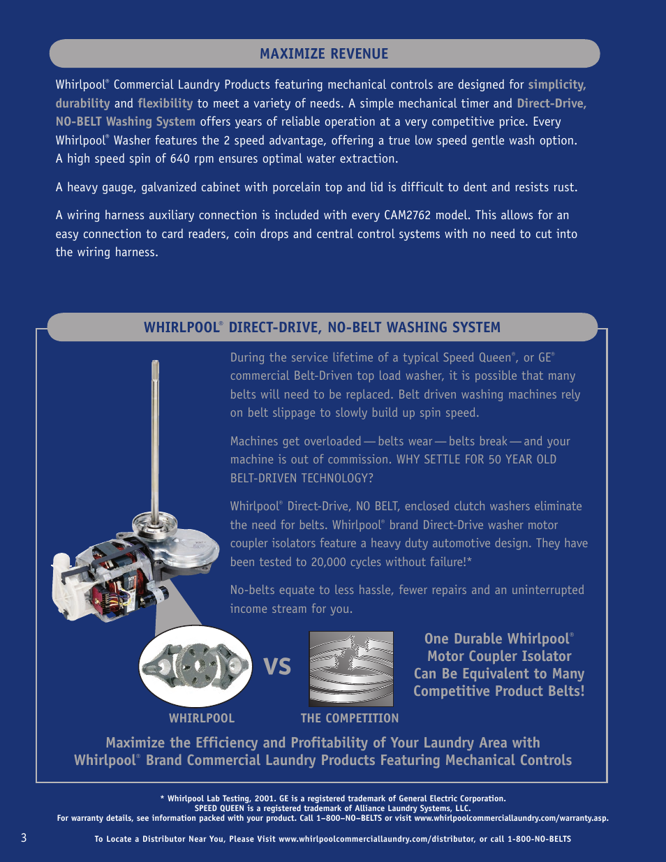 One durable whirlpool, Maximize revenue, Whirlpool | Direct-drive, no-belt washing system | Whirlpool CAM2762TQ User Manual | Page 4 / 12