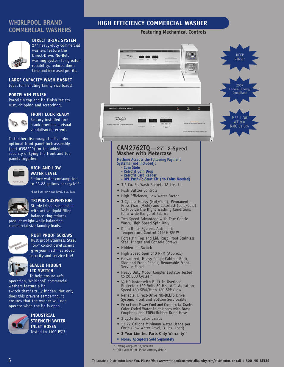 Cam2762tq, Whirlpool brand commercial washers, High efficiency commercial washer | 27" 2-speed washer with metercase | Whirlpool CAM2762TQ User Manual | Page 6 / 12