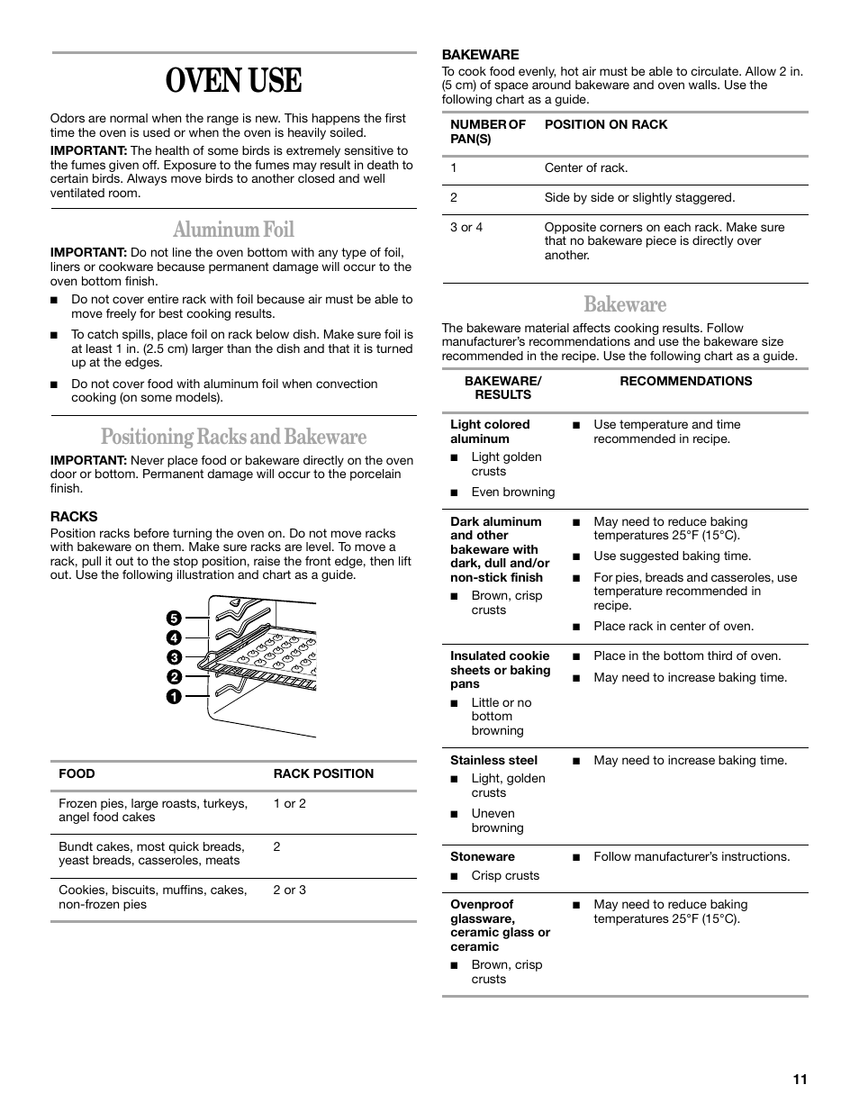 Oven use, Aluminum foil, Positioning racks and bakeware | Bakeware | Whirlpool GR450LXH User Manual | Page 11 / 20
