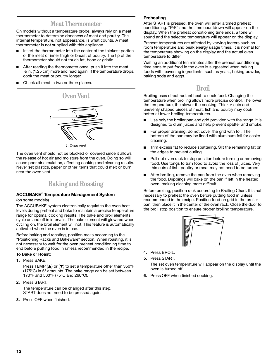 Meat thermometer, Oven vent, Baking and roasting | Broil | Whirlpool GR450LXH User Manual | Page 12 / 20