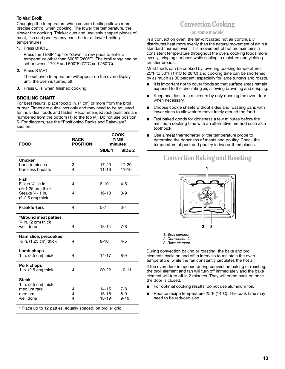 Convection cooking, Convection baking and roasting, On some models) | Whirlpool GR450LXH User Manual | Page 13 / 20
