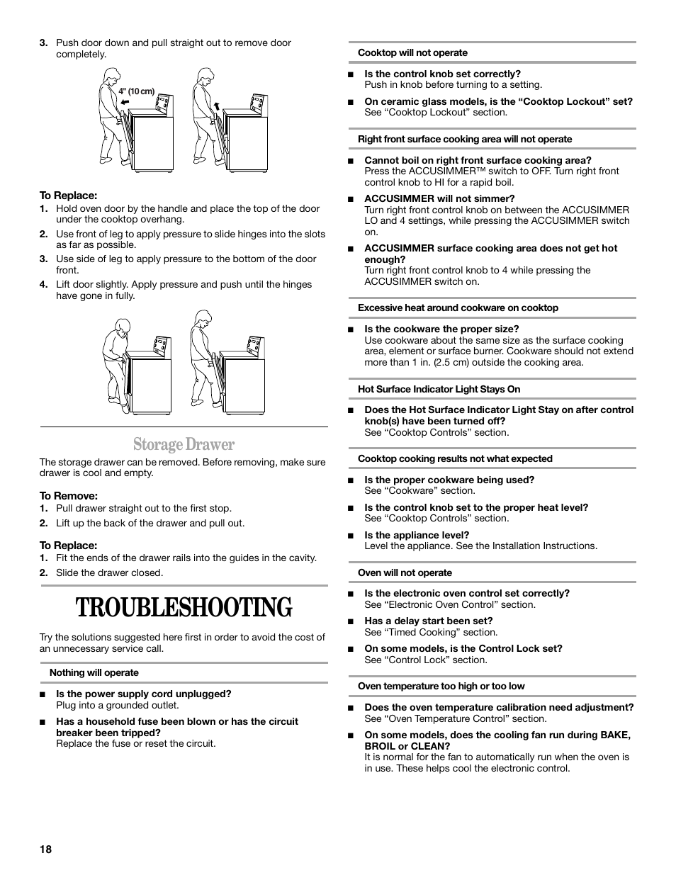 Troubleshooting, Storage drawer | Whirlpool GR450LXH User Manual | Page 18 / 20