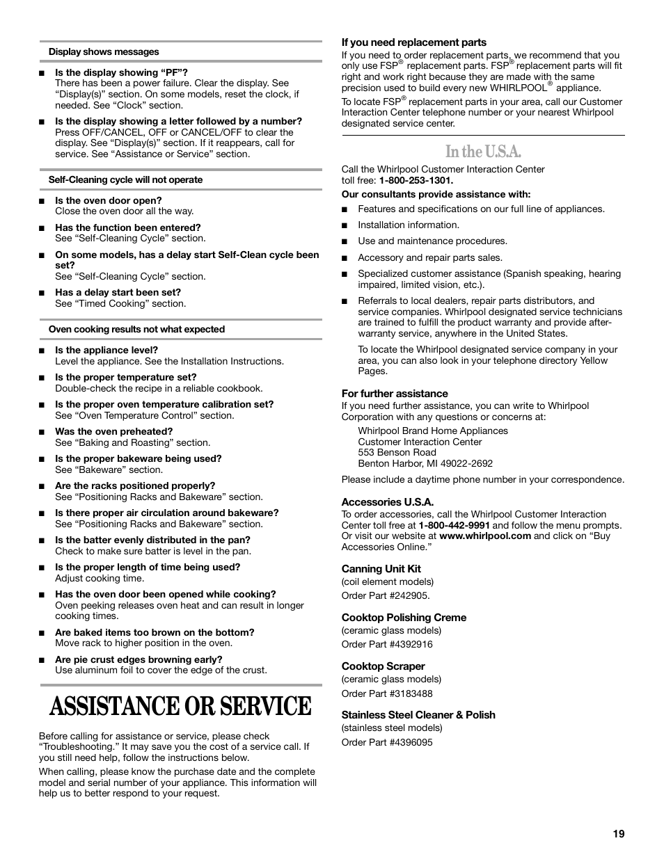 Assistance or service | Whirlpool GR450LXH User Manual | Page 19 / 20