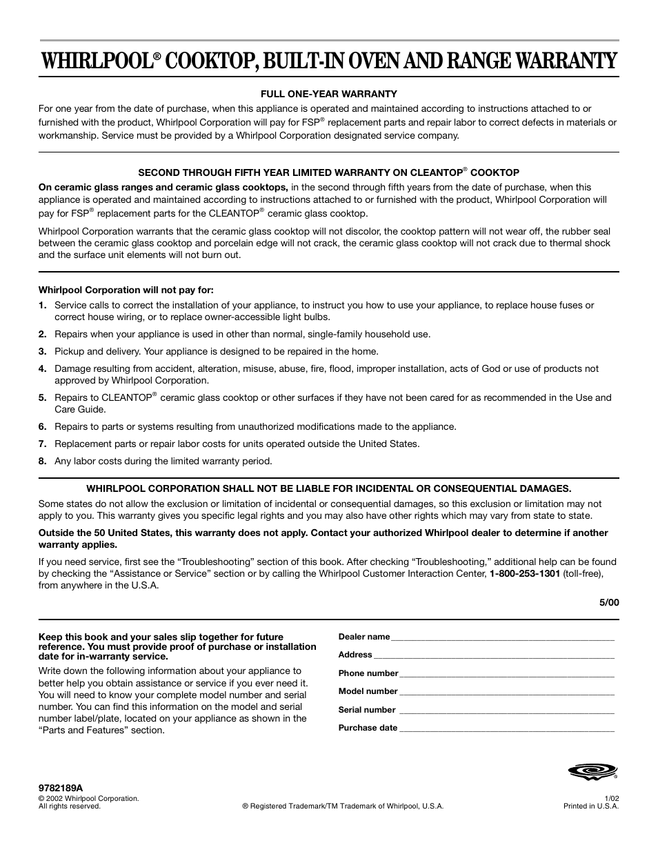 Warranty, Whirlpool, Cooktop, built-in oven and range warranty | Whirlpool GR450LXH User Manual | Page 20 / 20